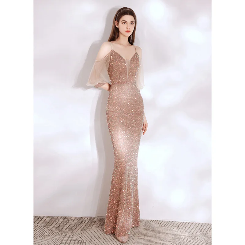 

Partysix New Summer Suspenders Sexy Evening Dresses Women Lace Stitching Sleeves Party Elegant Sequin Host Banquet Mermaid Skirt