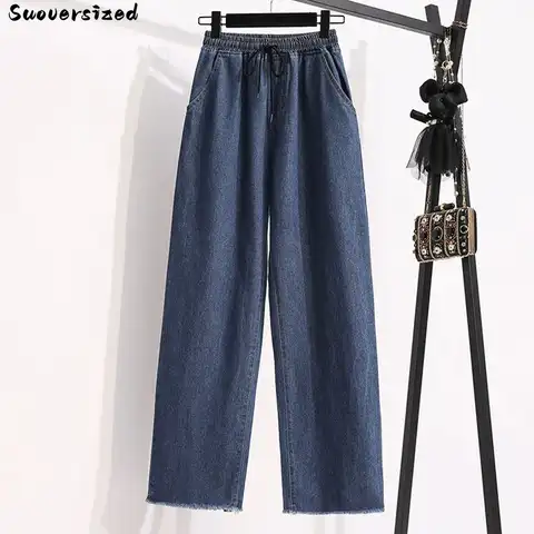 Elastic High Waist Ankle-Length Straight Jeans For Women Oversize 5xl Baggy Wide Leg Denim Pant Casual Vaquero Korean Pantalones