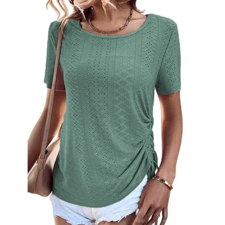 

2023 Sexy Hollow Out Lace T-shirt Women Casual Drawstring Lady Blouse Summer O Neck Casual Top Women's Clothing For Dating/work