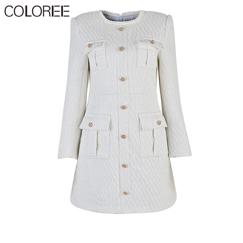

White Tweed Dress for Women 2023 Spring Autumn Elegant O-neck Long Sleeve A-line Mini Dresses Single Breasted Vestidos