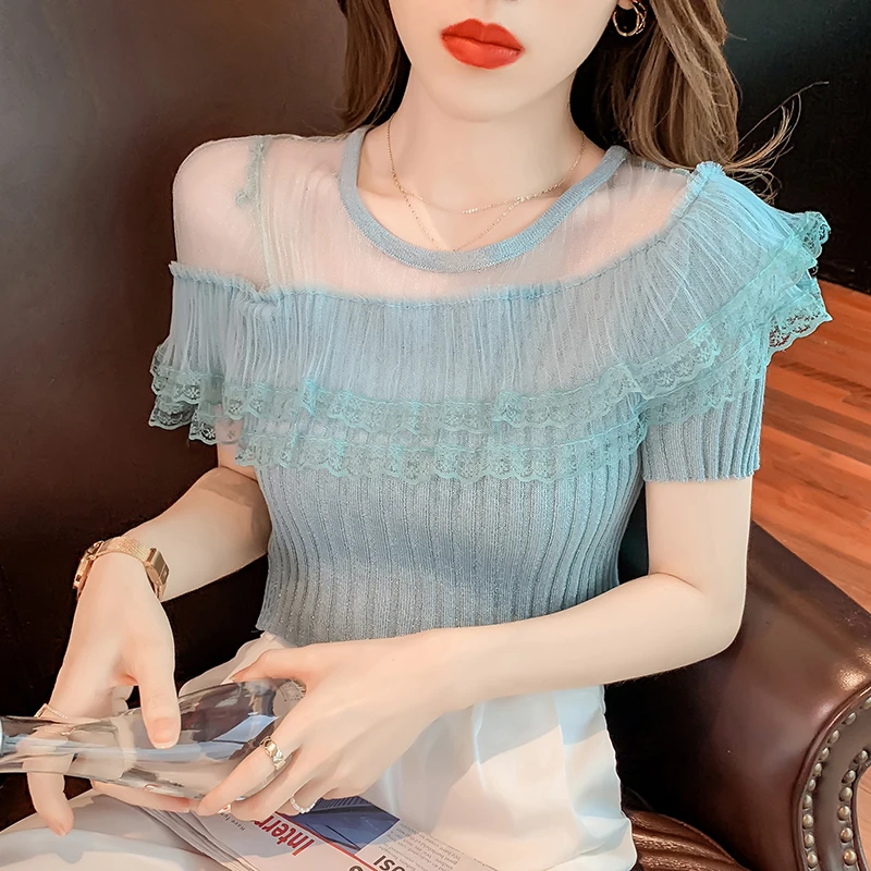 

2022 Summer New Short T-shirt Korean Style French Slim Fit Fashion Sexy Knitted Short Sleeve Pullover Top Women's Clothing