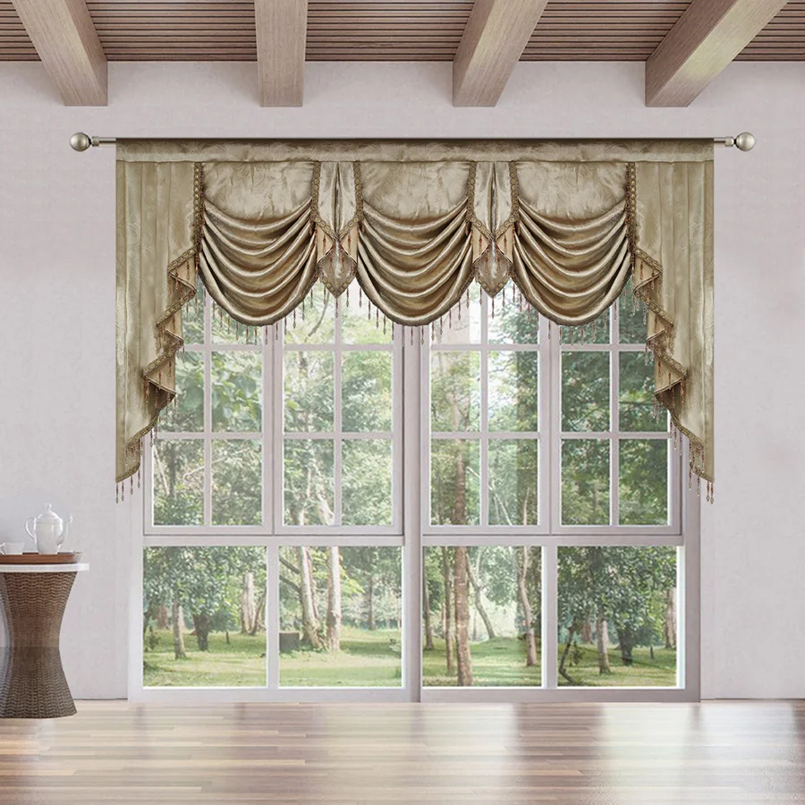 

Thick Electric Carved Embossed Waterfall Curtain Top Decoration Gold-Coffee Jacquard Bedroom Curtains Valance for Living Room