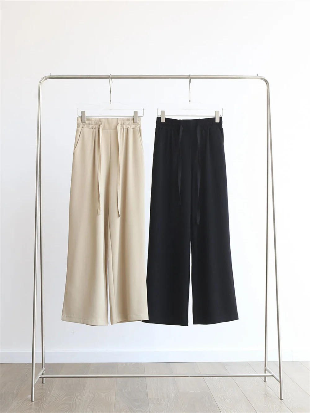 

2023 Autumn Women Wide Leg Pants Solid Color Drawstring Elastic Waist Loose Female Casual Long Trousers