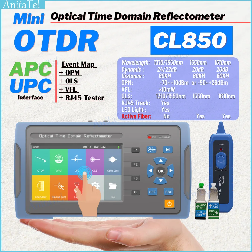 

Mini OTDR CL850 1550nm 20dB 60km Support Active Fiber VFL OLS OPM Optical Reflectometer Touch Screen English Spanish Portuguese