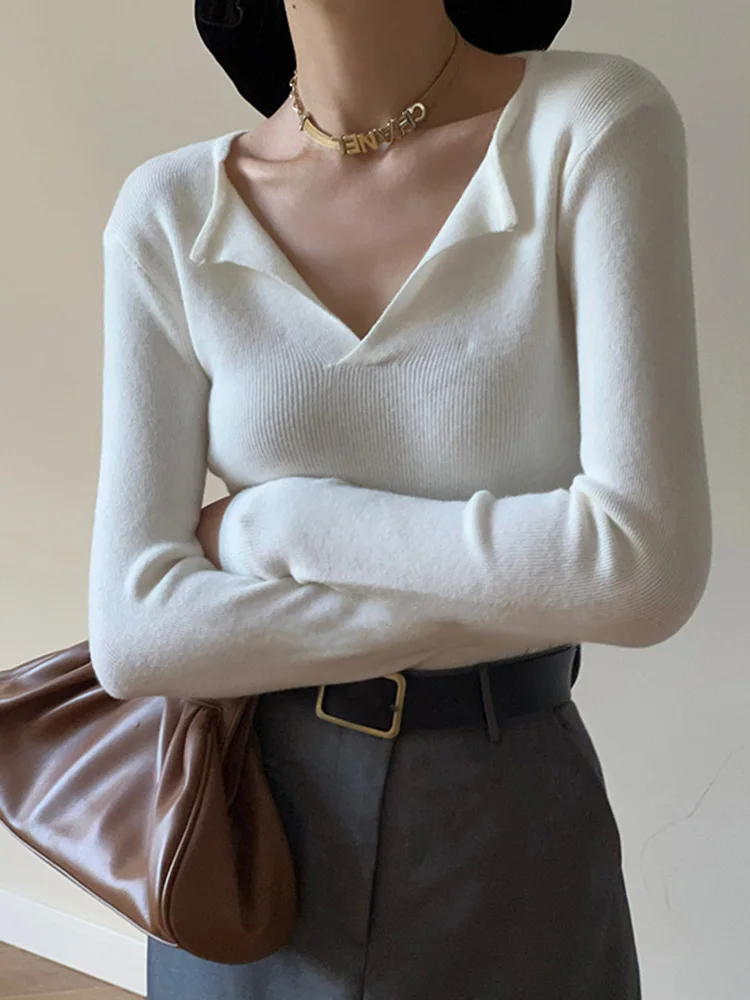 Осенне-зимний французский флисовый вязаный свитер с v-образным вырезом женский