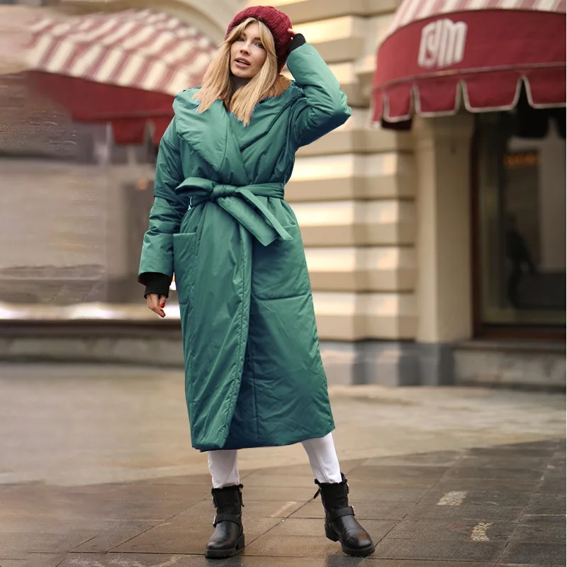 -30c Winter X-Long Parkas Women 2022 Thick Warm Lace Up Hooded Coat Windproof Padded Long Jackets Female Casual Loose Outwear