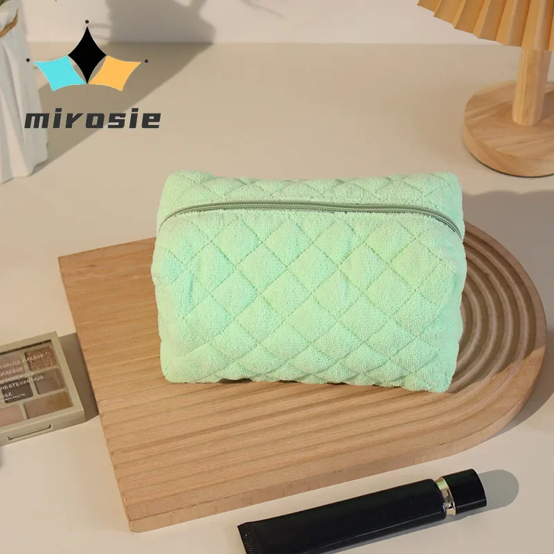 

MIROSIE Terry Cloth Makeup Pouch Cotton Zipper Cosmetic Pouch Trendy Preppy Quilted Travel Makeup Bag Skincare Toiletry Bag