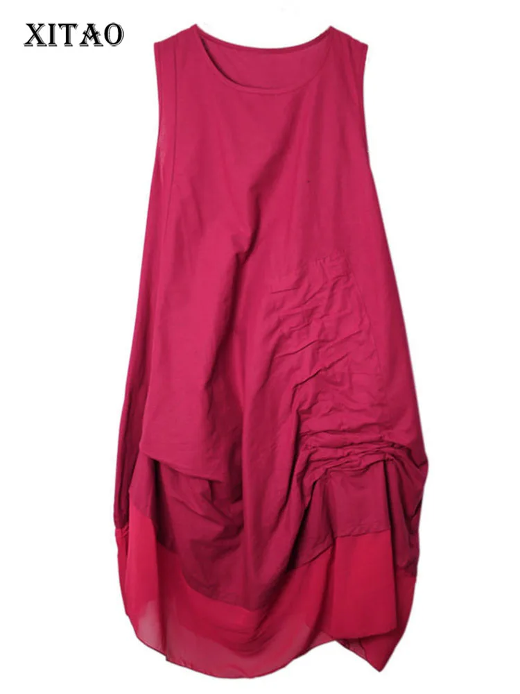 

[XITAO] 2019 Spring Summer New Retro Ethnic Style Solid Color Asymmetrical Sleeveless O-neck Patchwork Draped Dress DLL3497