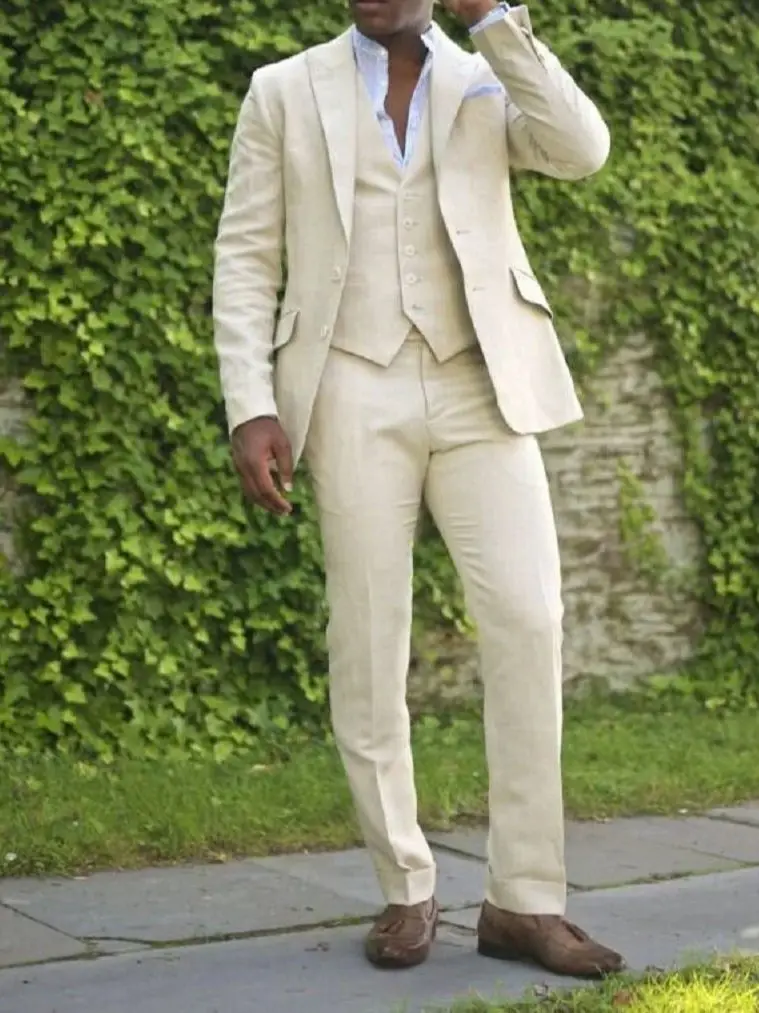 ANNIEBRITNEY Latest Coat Pant Design Beige Linen Men Suit Casual Groomsman Wedding Tuxedo Custom Slim Fit Skinny Mens Suits Set