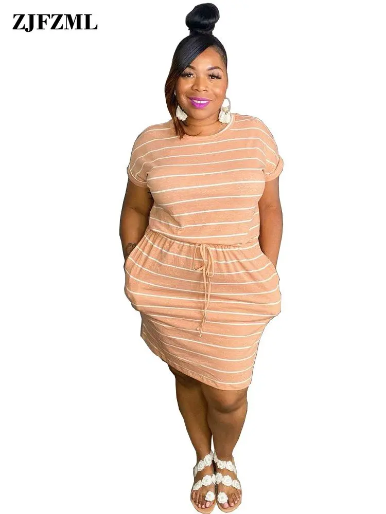 

ZJFZML ZZ размера плюс женская одежда белый полосатый принт Круглый вырез короткий рукав кулиска Высокая талия прямые футболки Платья
