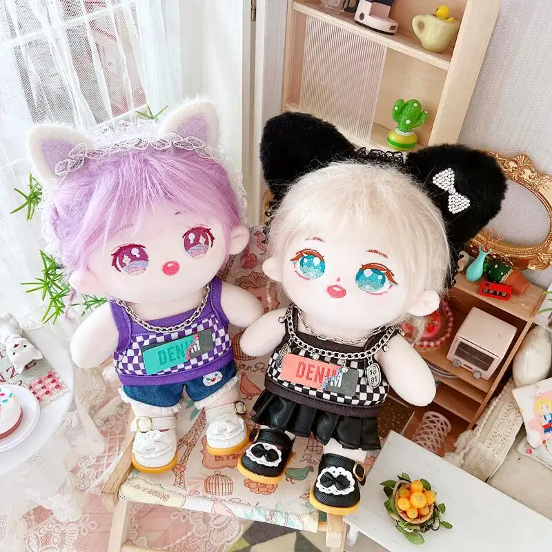 

In Stock 20cm Doll Clothes Kawaii Plaid Camisole Denim Shorts Skirt Necklace Plush Dolls Outfit Toys Doll's Accessories Cos Suit