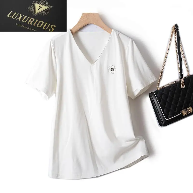 

Футболка женская стрейчевая из хлопка, с V-образным вырезом, 4XL