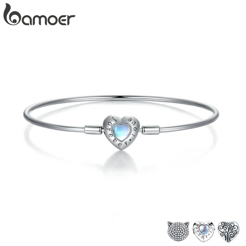 Bamoer 100% 925 Sterling Silver Forever Love Bright Heart Charms Bracelet for Women Cat Clasp Snake Chain Bangle Fine Jewelry