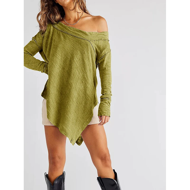 

Повседневные женские футболки из 100% хлопка, футболки с длинным рукавом на весну и осень, асимметричные корейские модные уличные топы, блузк...