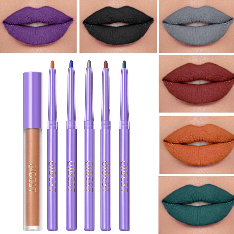 

2PCS Matte Lip Gloss + Lip Liner Pen Set Black Green Waterproof Long Lasting Purple Red Lip Tint Sexy Women Makeup Cosmetics