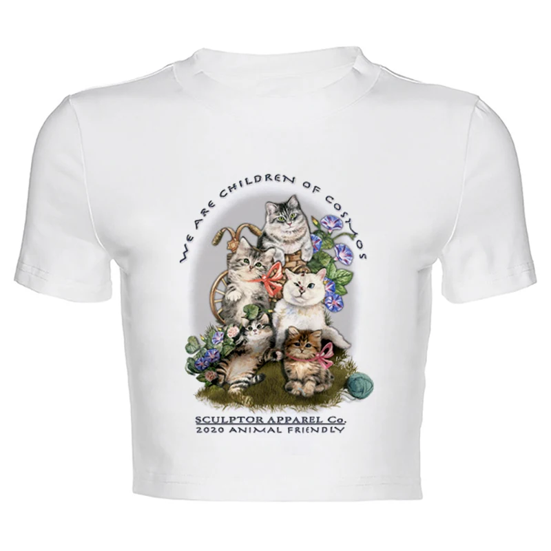 

Летняя футболка Y2K в уличном стиле с коротким рукавом и принтом в виде американского кота, Модный облегающий милый детский короткий топ в ул...