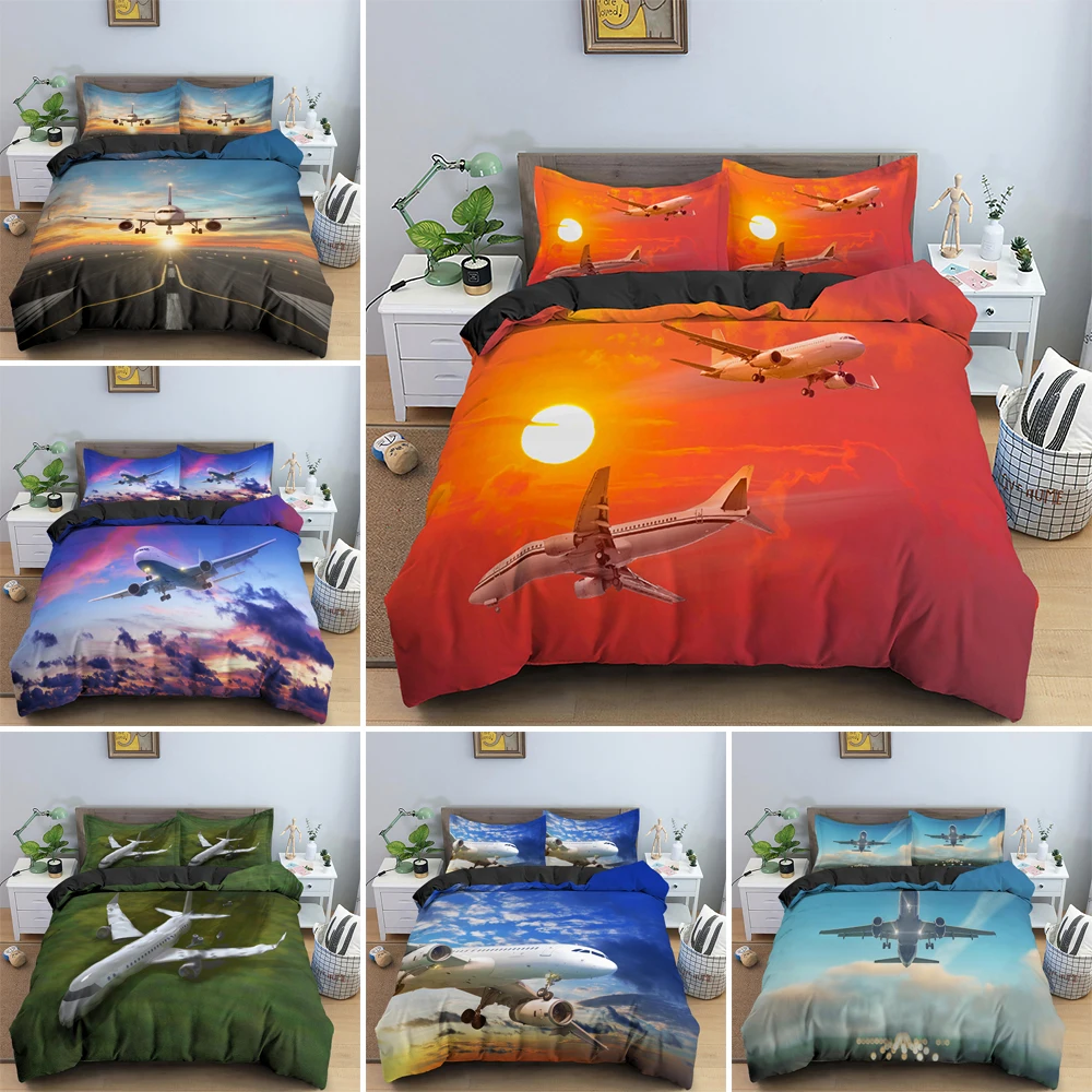 

Aviation Aircraft Print Polyester Comforter Cover Queen King Size Blue Sky Bedding Set For Teens Kids Bedroom Quilt Cover 2/3Pcs