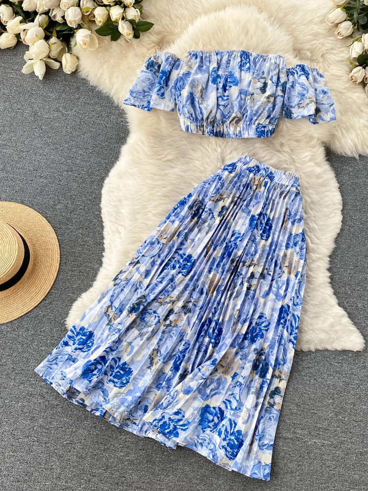 Женский комплект ALPHALMODA укороченный топ с принтом и трапециевидная юбка до