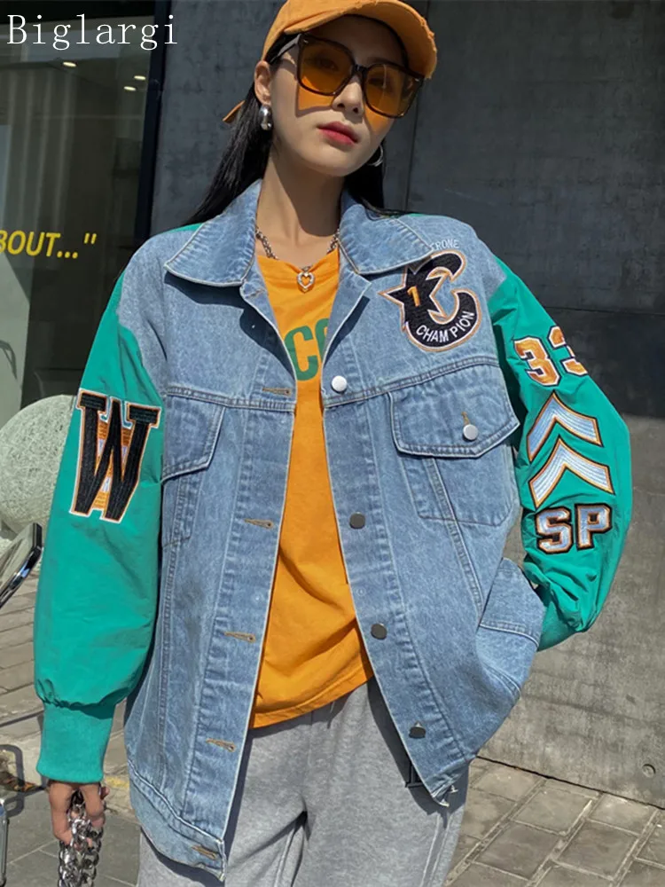 

Patchwork Color Contrast Jean Letters Loose Jacket Coat Women Casual Jackets Ladies Tops Spring Autumn New Korea Fashion Coat