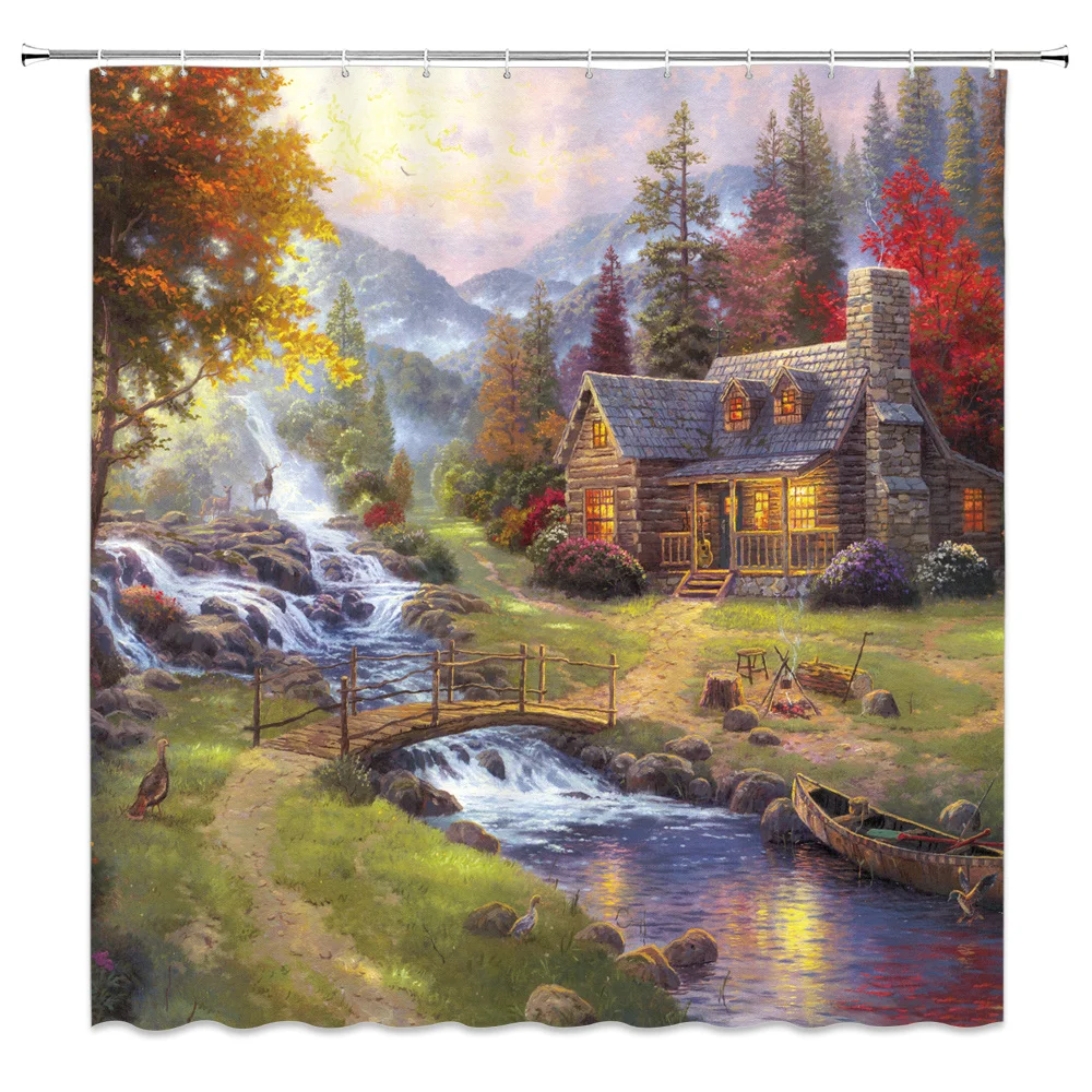 

Courtyard Landscape Shower Curtains Garden House Bathroom Decor Waterproof Retro Oil Painting Polyester Fabric Curtain Set