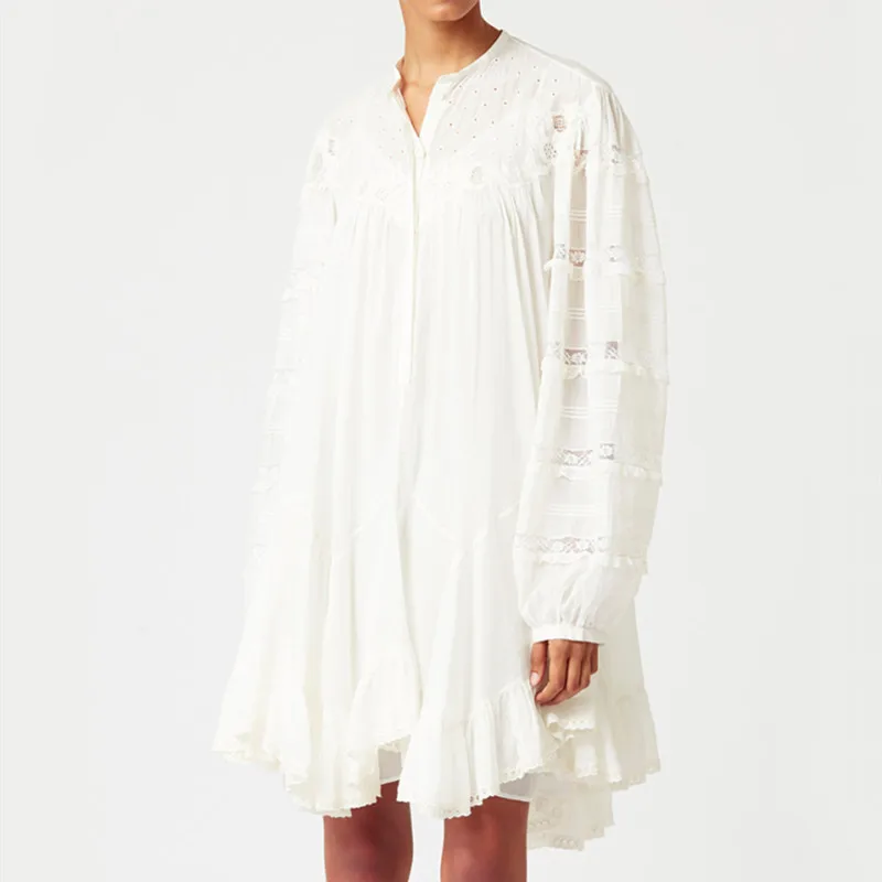 

Floral Embroidery Women Mini Dress 2022 Spring Summer new Lace Stitching Long Sleeve O-neck Female Irregular Robe