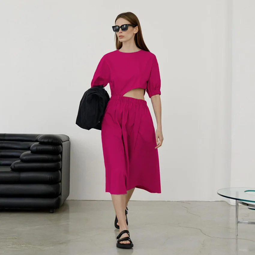 

Sexy Hollow Out Long Dress 2022 Summer Women Puff Sleeve High Waist O Neck Solid A-Line Midi Dresses Cotton Robe