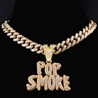 fashion men wome bling iced out pop smoke letter pendant necklace with 13mm cuban link chain choker necklace hip hop jewelry