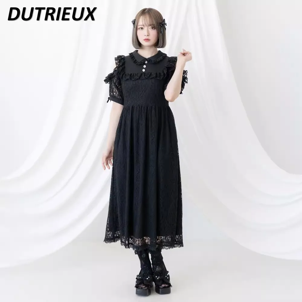 

Sweet Bow Ribbon Slim Fit Elegant Maxi Dress Women Slimming Shoulder Hollow Short Sleeve Dress Japanese Lace Long Dress Female