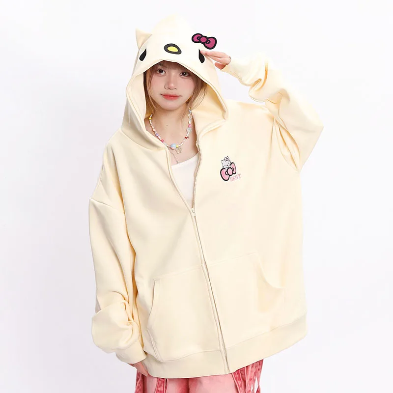 

Толстовка Sanrios с рисунком Hello Kitty, однотонное пальто на молнии, женская одежда на весну и осень, свободная повседневная Уличная одежда в стиле хип-хоп для ленивых