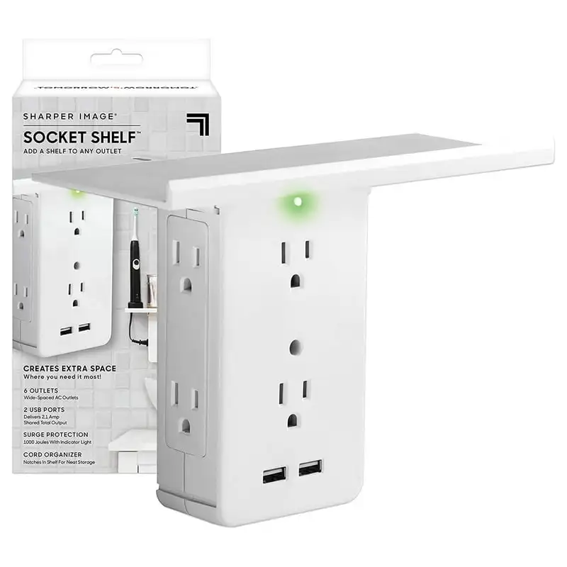 

Shelf, 6 Electrical Outlet Extenders, 2 USB Charging Ports, White Storage Shelves Bathroom shelves Bathroom accessories Bathroo