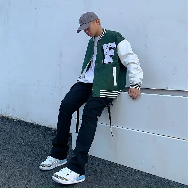 

Hip Hop Letters Embroidery College Jackets Mens Patchwork Color Block Harajuku Bomber Jacket Women Baseball PU leather Coats
