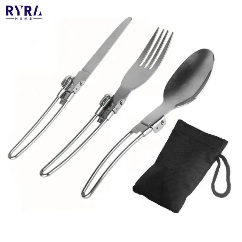 

High Quality Outdoor Travel Stainless Steel Folding Tableware Three-piece Portable Folding Knife Fork Spoon Cloth Bag 3 Pcs 1set