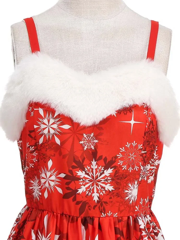 Women Faux Fur collar Holiday Party Christmas Snowflake Print Cosplay Costumes Vintage Dress Sexy Spaghetti Strap