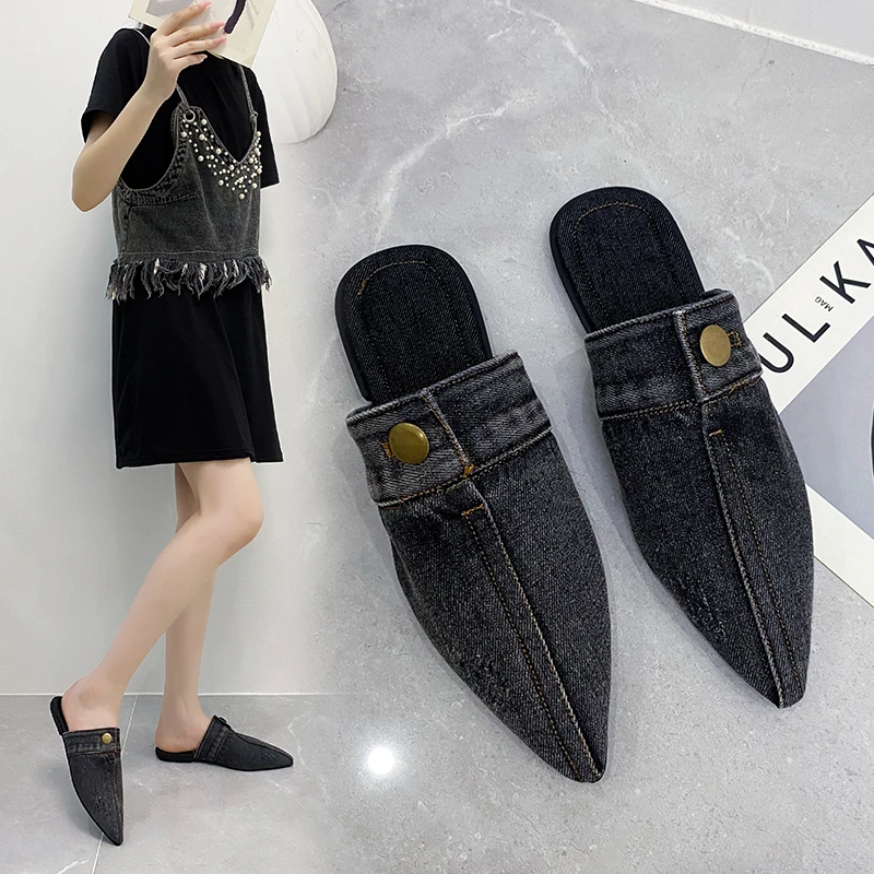

Blue Denim Cloth Slippers Pointed Toe Outdoor Slides Slingback Mules Slip on Flats Simple Women Shoes Zapatillas Mujer