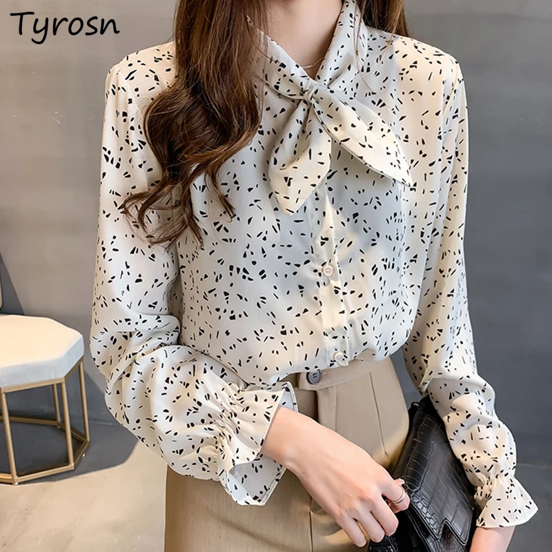 

Blouses Women Design Bow Print Elegant Loose Chiffon Tops Chic Fresh Sweet Clothes Long Sleeve Casual Shirts Femme Korean Style