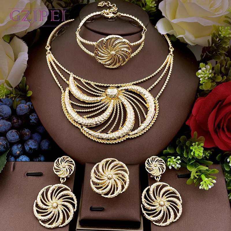 African Jewelry Sets For Women Gold Plated Jewelry Gold Silver Two Color Necklace Earrings Ring Bracelet For Wedding Party