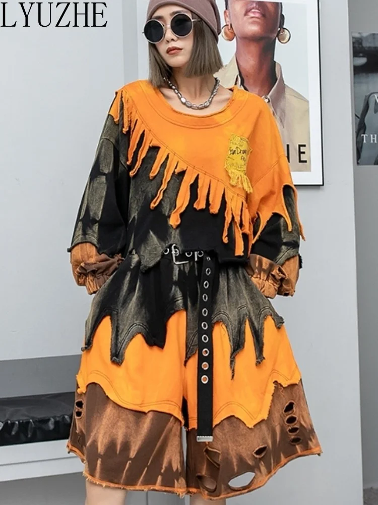 

LYUZHE Cool Contrast Color Stitching Worn-out Long-sleeved Sweatshirt + Shorts Two-piece Set Women 2023 Summer New ZXF179A