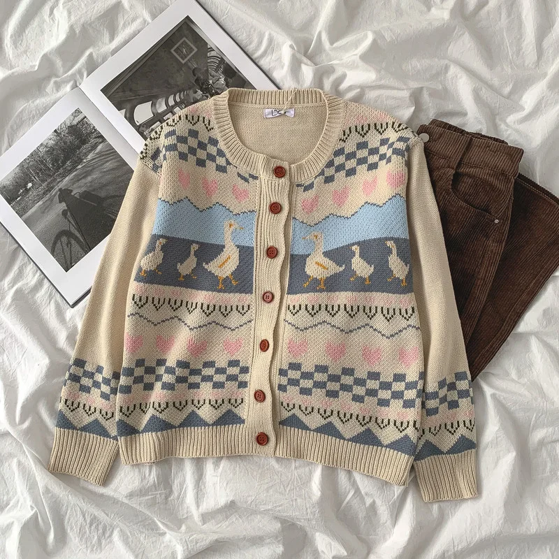 

Preppy Style Women Kawaii Thick Sweater Casual 2021 New Autumn Female Fashion Loose O-neck Long Sleeve Sweet Argyle Cardigans