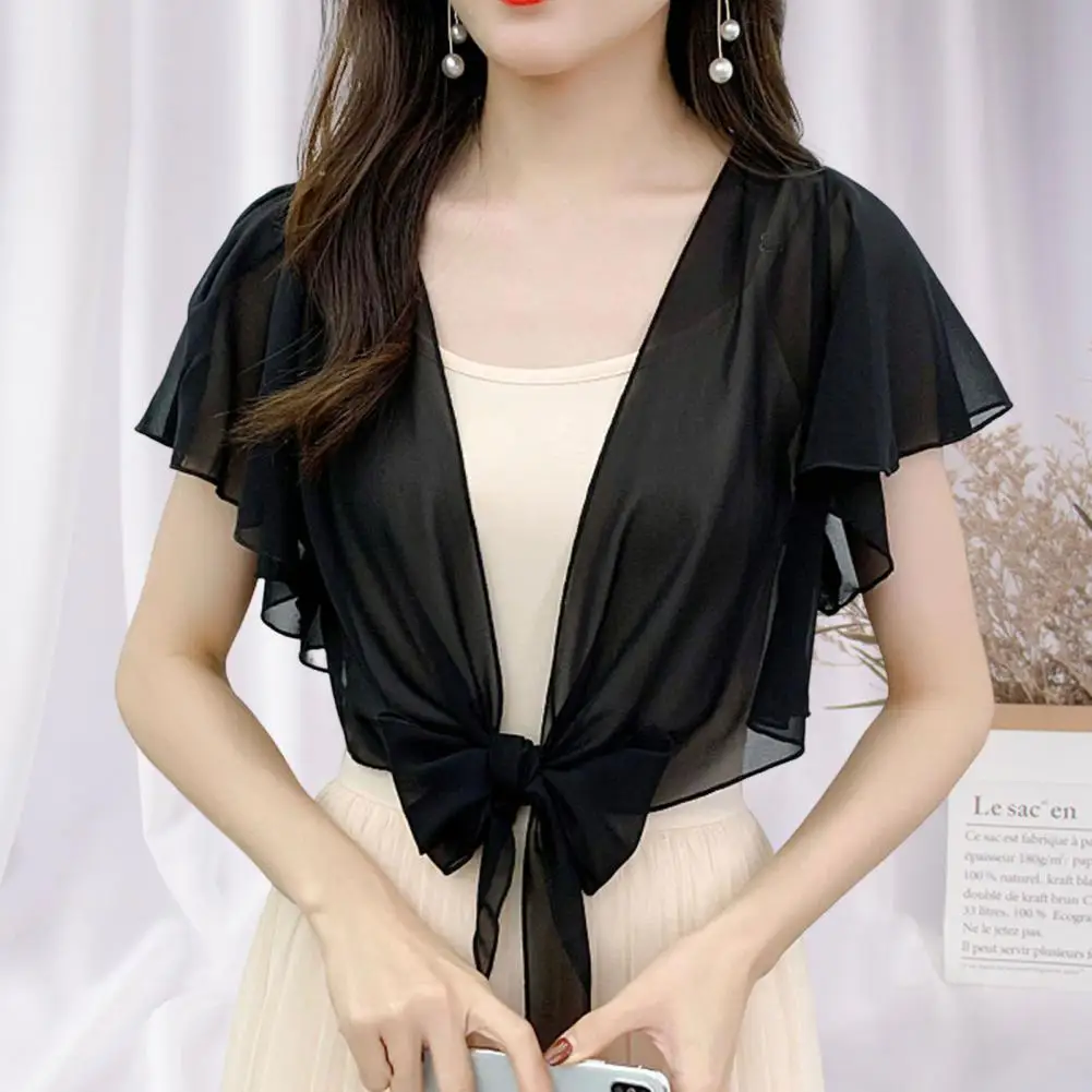 

shoulder scarf Ruffle Sleeve See-Through Front Lace-up Lady Cover-Up Summer Chiffon Short Jacket Sunscreen Coat Streetwear