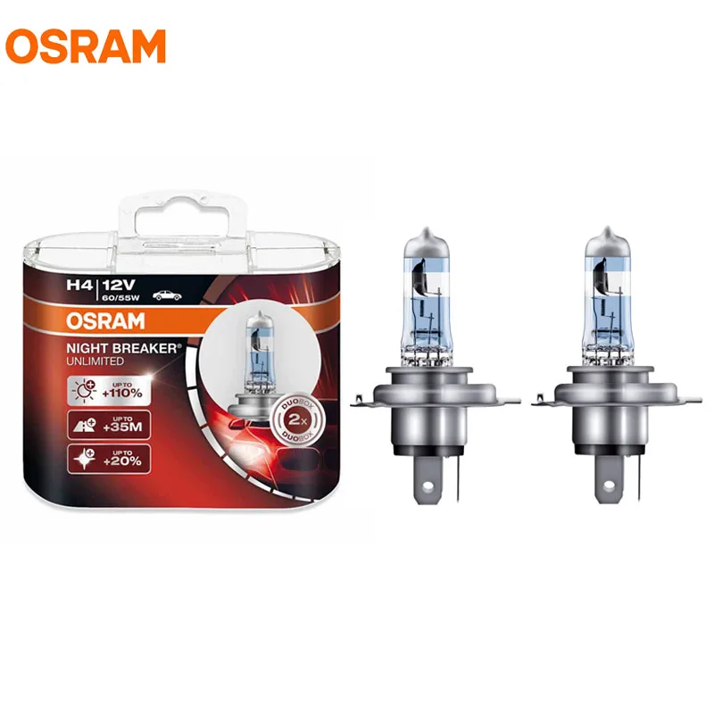 

OSRAM NIGHT BREAKER UNLIMITED H4 12V 60/55W +110% Car Headlight Xenon Bulbs 3900K