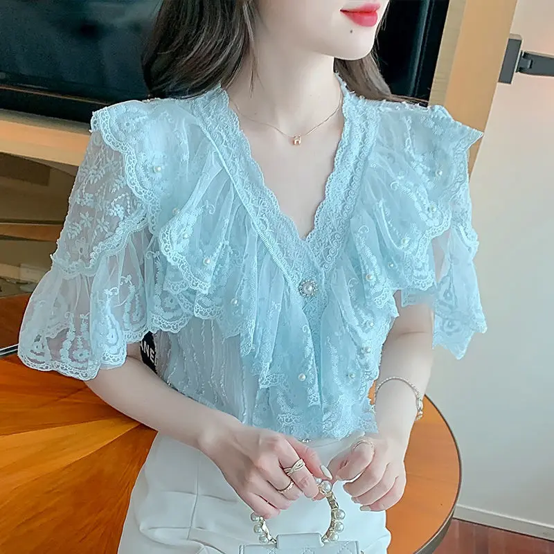 

Blouse female 2022 summer lace lotus leaf edge fairy chiffon shirt V -neck lady short -sleeved loose casual blouse female tops
