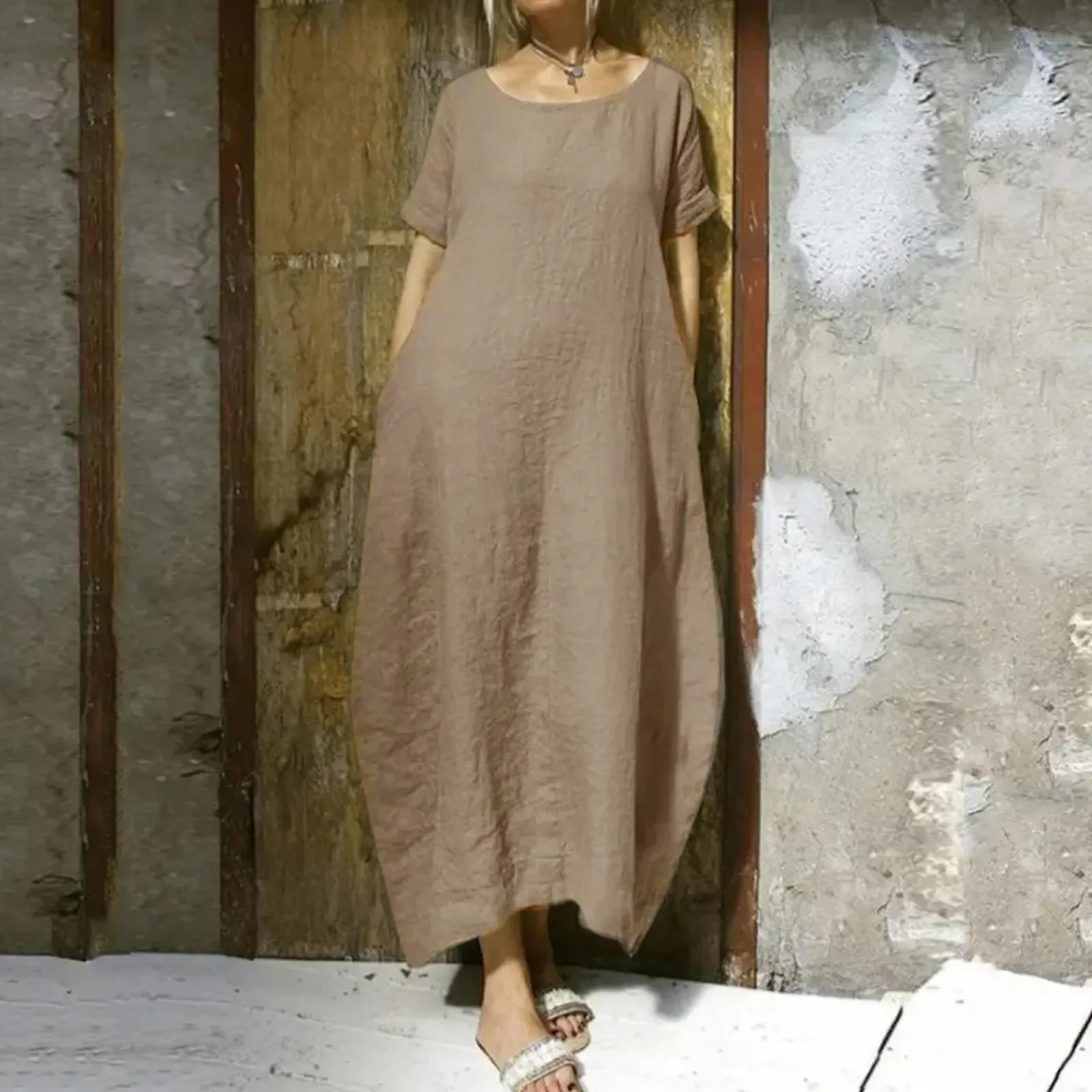 Женский Длинный Сарафан с коротким рукавом однотонное пляжное платье в стиле