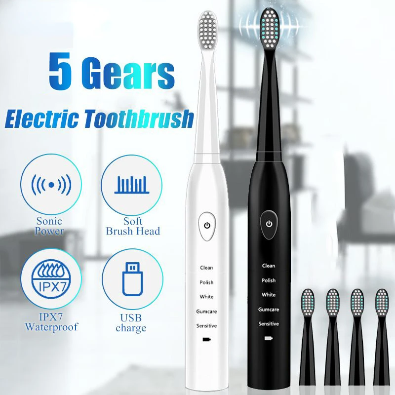 

Мощная ультра звуковая электрическая зубная щетка с зарядкой от USB, перезаряжаемая зубная щетка, моющаяся электронная отбеливающая зубная ...
