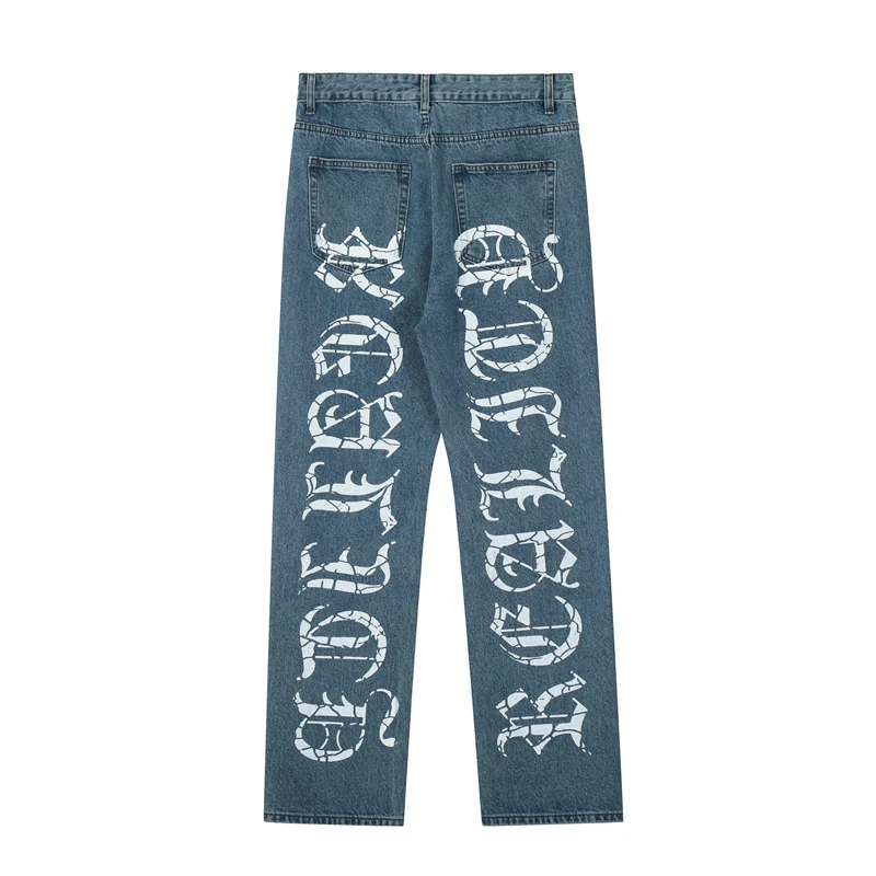 

High Street Sanskrit Carck Print Straight Jeans Pants for Men and Women Vibe Style Loose Washed Retro Casual Denim Trousers