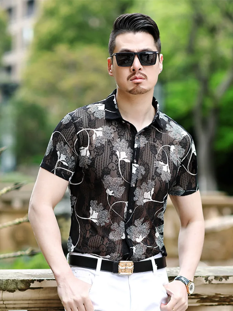 Summer Men's New Casual Slim Print Leaf Thin Short Sleeve Hollow Lapel Shirt Single Breasted Cool Breathable Daily Shirt Men