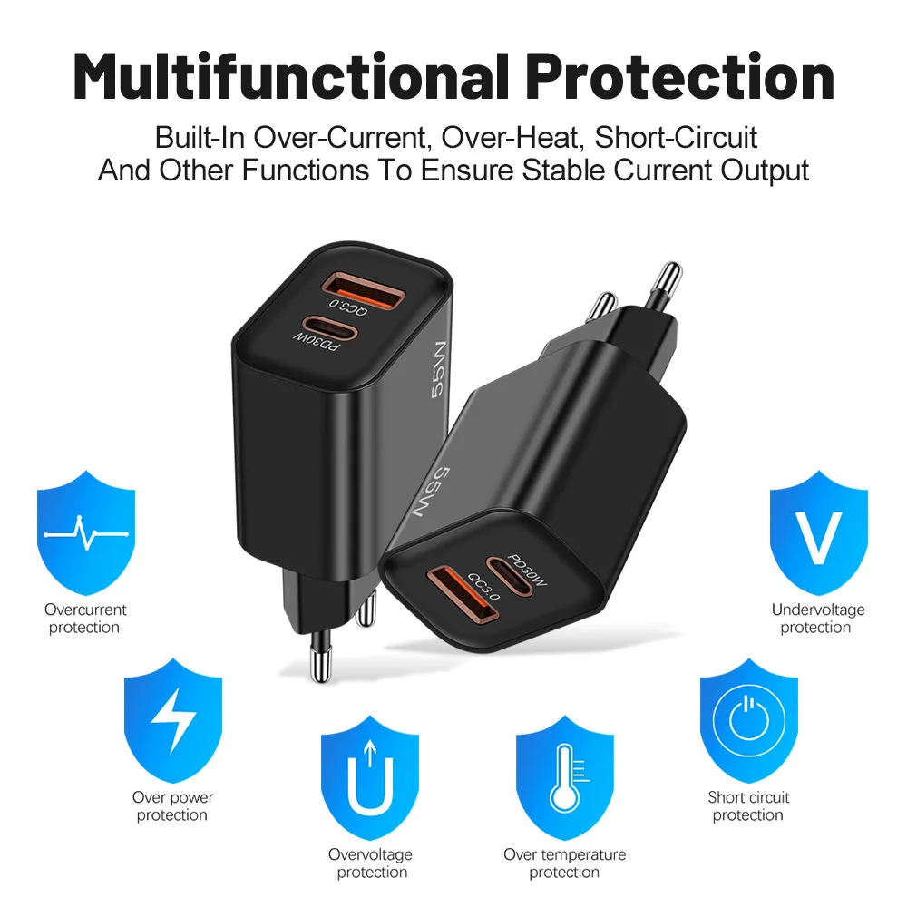 Фото 55 Вт PD Fast USB Charge Charger 2 порта EU US Plug Настенное зарядное устройство Адаптер для iPhone Xiaomi Huawei Samsung USB C Зарядное устройство для телефона №4