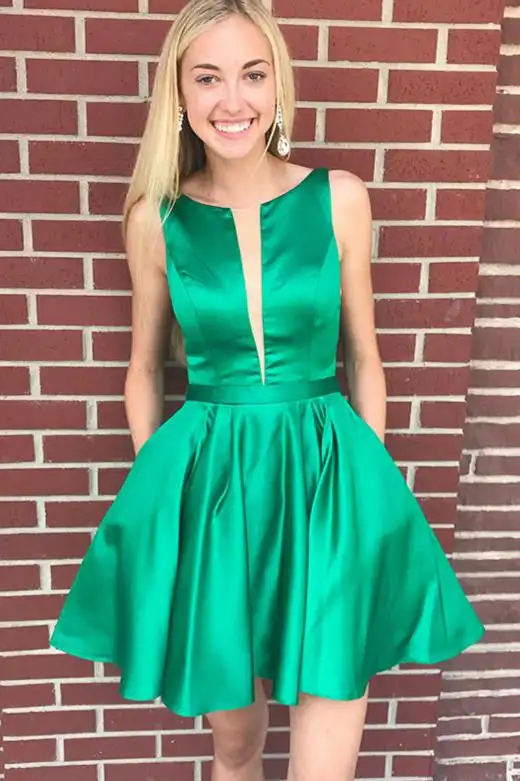 

Элегантные Короткие атласные вечерние платья с круглым вырезом и карманами