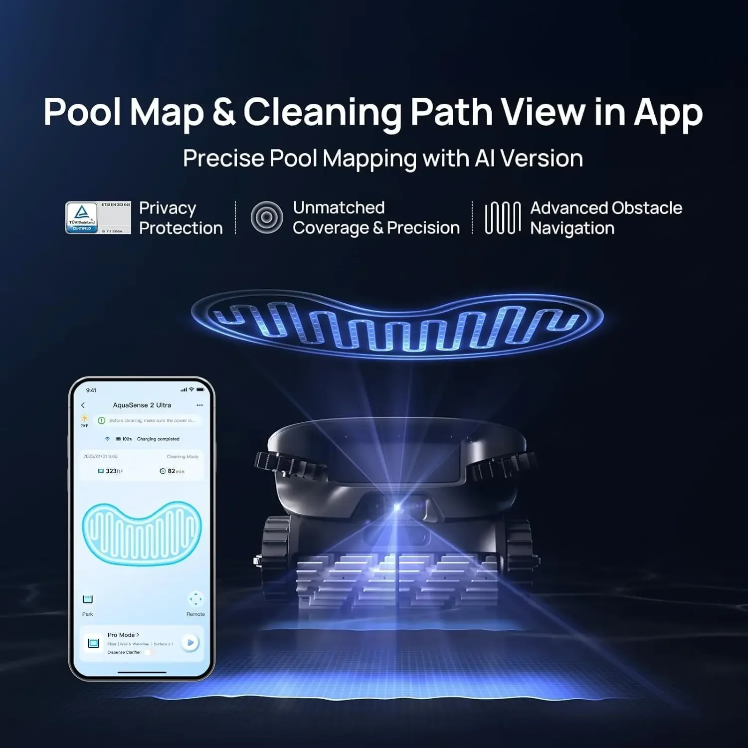 Фото Умный беспроводной робот-пылесос для бассейнов Beatbot AquaSense 2 Ultra с AI-камерой и картографированием, 5-в-1, скиммер, очиститель воды, зеленый №2