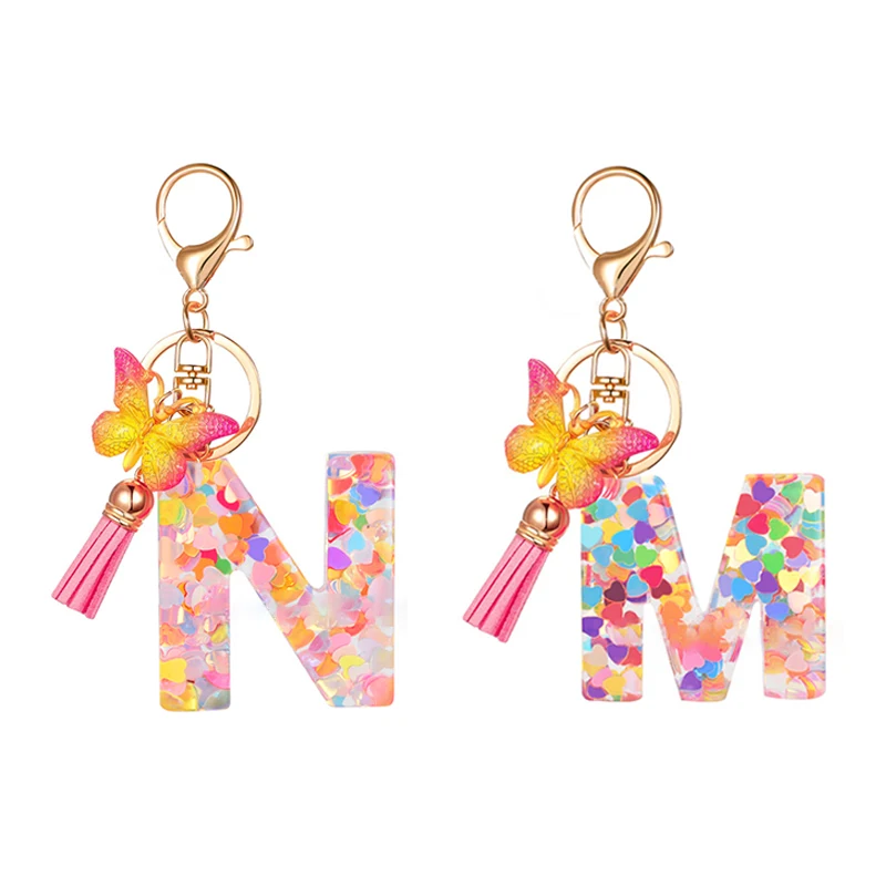 Fashion A-Z 26 Letter Resin Keychain Women's Exquisite Butterfly Pink Tassel Letter Key Ring Wallet Handbag Car Keys Ring Amulet