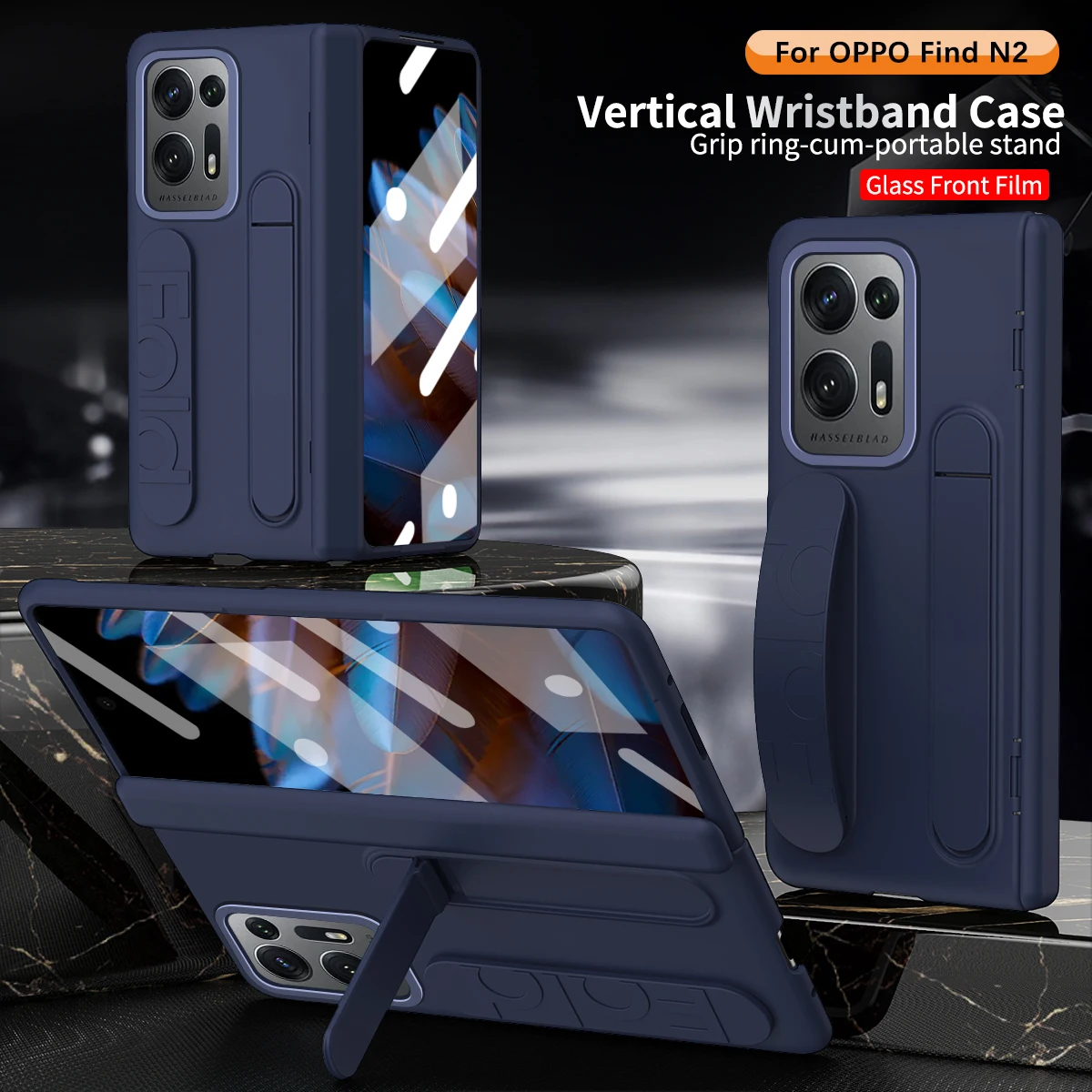 Роскошный вертикальный ремешок для OPPO Find N2 со встроенной подставкой и стеклянной